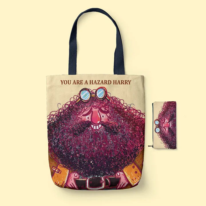 Tote Bag with cartoon character design and text 'You are a hazard Harry' on a beige background