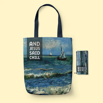 Tote Bag with a painting of a boat on water and 'And Jesus Said Chill' text, on a beige background.