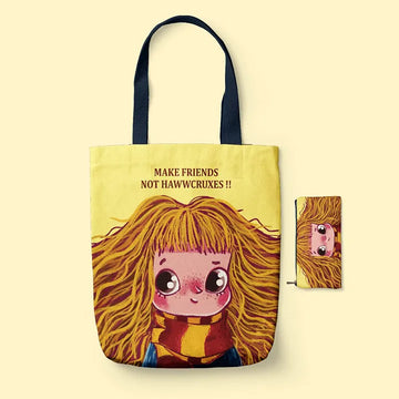 Tote Bag with cartoon character and text 'Make friends not hawwcruxes' on a beige background
