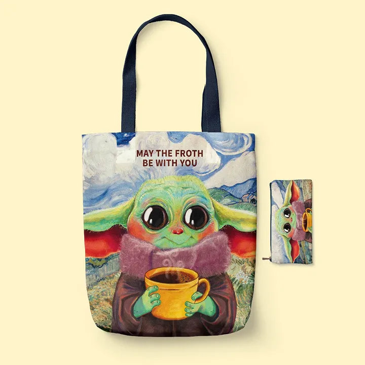 Tote Bag with a character holding a coffee cup and a pouch on a beige background