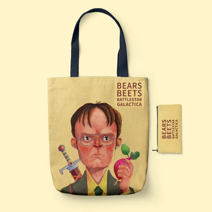 Tote Bag with a character holding a beet and sword design, featuring text 'BEARS BEETS BATTLESTAR GALACTICA'.