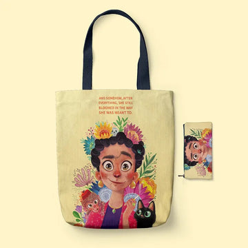 Tote Bag and pouch with colorful design featuring a character and text on a beige background