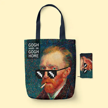 Tote Bag and pouch with Van Gogh design and text on a beige background