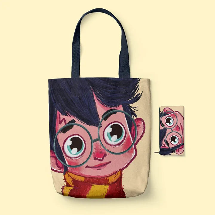 Tote Bag and phone case with cartoon character design on a beige background