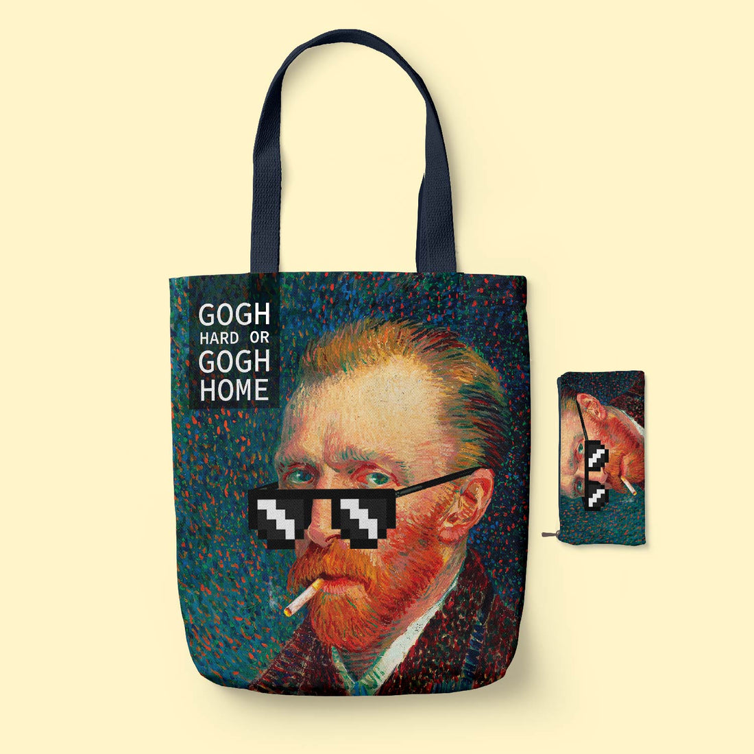 Gogh Hard Classic Tote Bag and pouch with Van Gogh design and text on a beige background