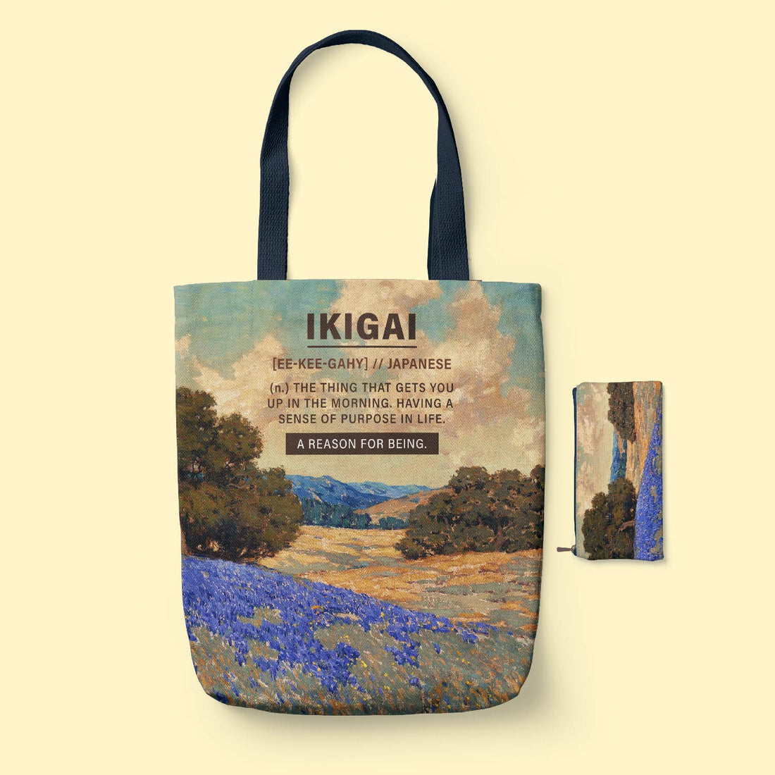 Ikigai Classic Tote Bag with nature design and 'IKIGAI' text on a beige background