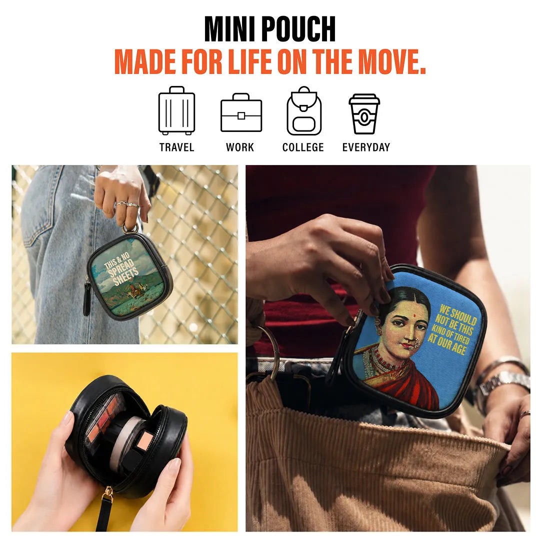 Illustrated faux leather mini pouch with hanging ring, compact 4×4 inch design for travel, work, college and everyday essentials.