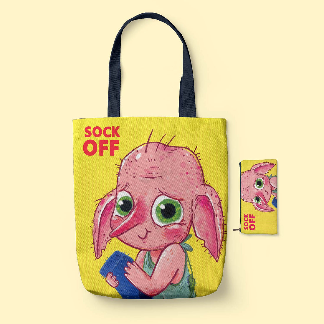 Sock Off Classic Tote Bag with cartoon character and 'Sock Off' text on a beige background