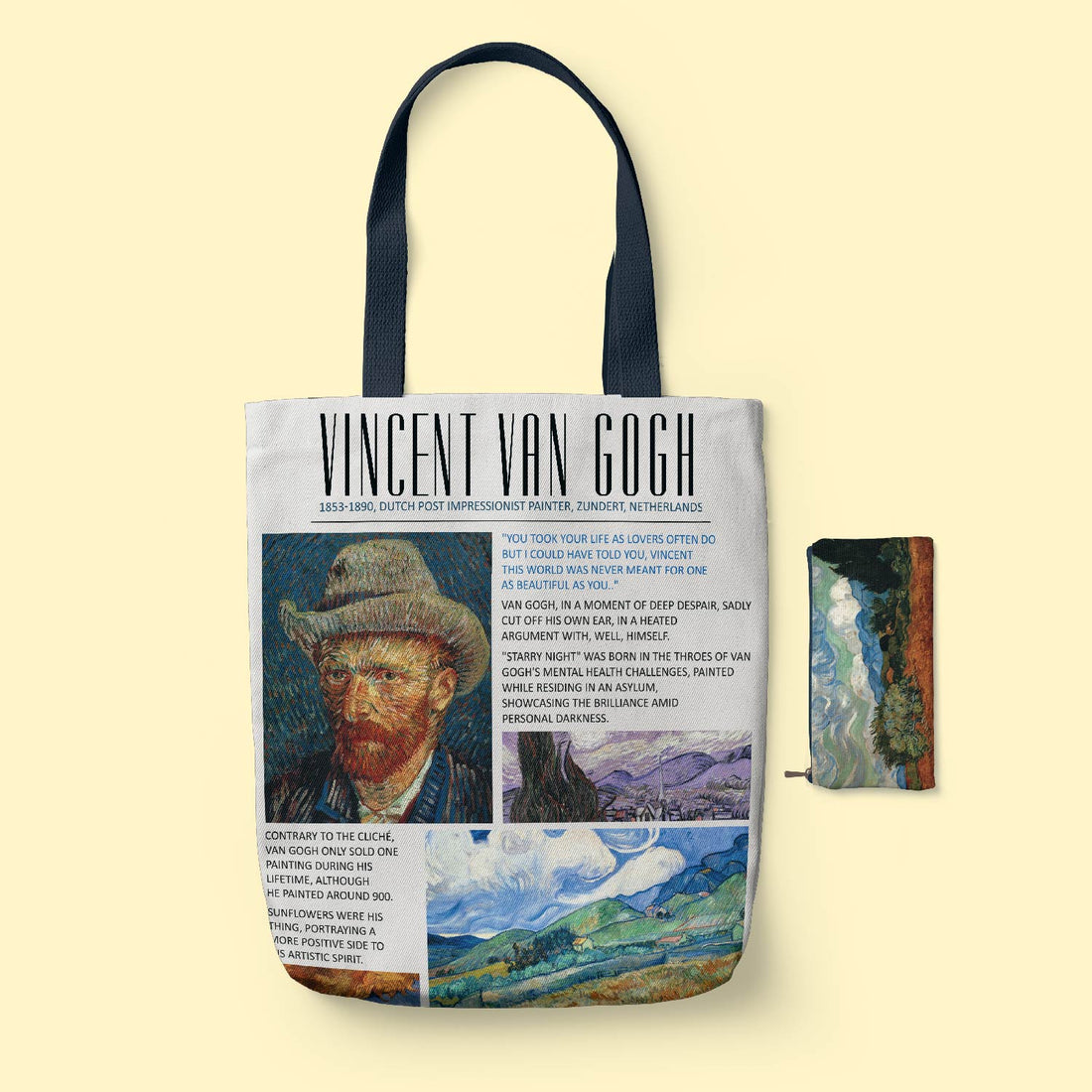 Vincent Classic Tote Bag with Van Gogh design featuring a portrait and landscape, on a light yellow background.