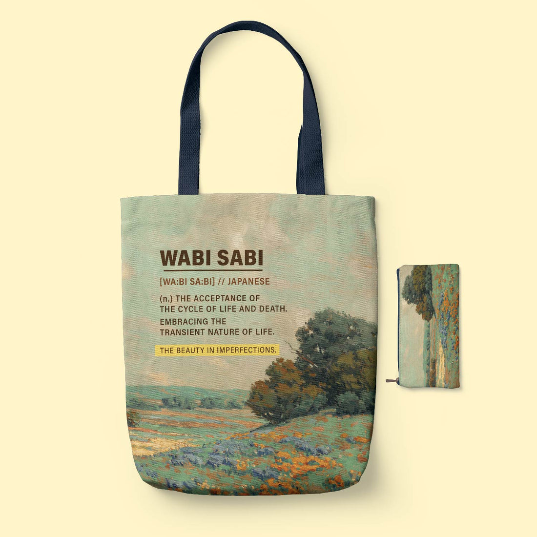 Wabi Sabi Classic Tote Bag with nature design and Wabi Sabi text on a beige background