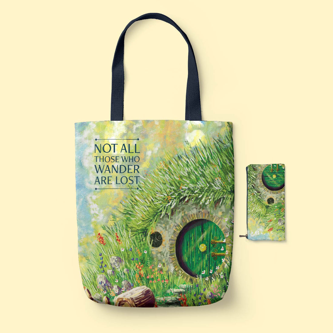 Wander Classic Tote Bag with hobbit door design and 'Not All Those Who Wander Are Lost' quote on a beige background