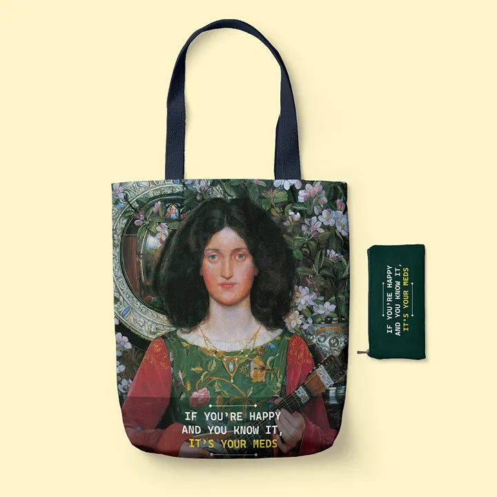 Tote Bag with a classical painting design and a pouch on a beige background