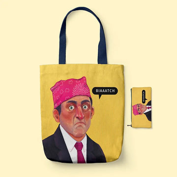 Tote Bag with a graphic of a person wearing a pink headscarf and a small pouch on a beige background