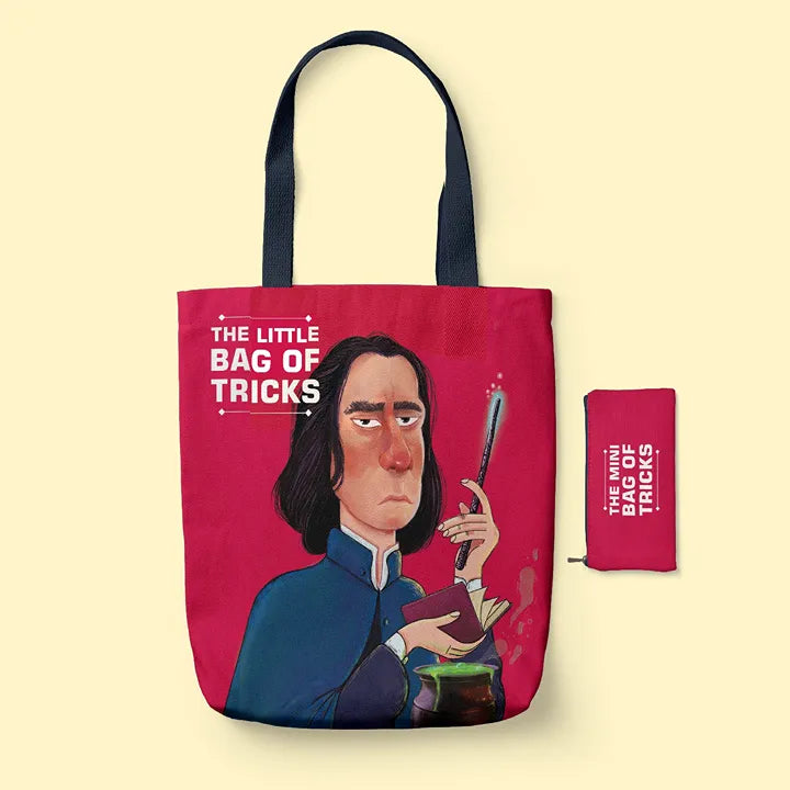 Tote Bag and pouch with a character Potion Master holding a cane and book, featuring 'The Little Bag of Tricks' text on a beige background.