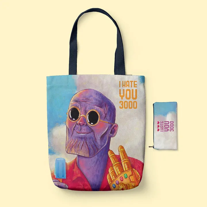 Tote Bag with a character design and 'I Hate You 3000' text on a light yellow background