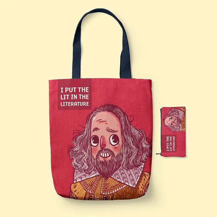 Red Tote Bag with a literary character illustration and text on a beige background