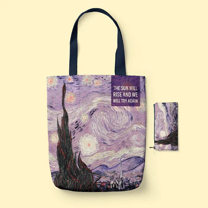 Tote Bag and pouch with 'Starry Night' design and motivational quote on a beige background