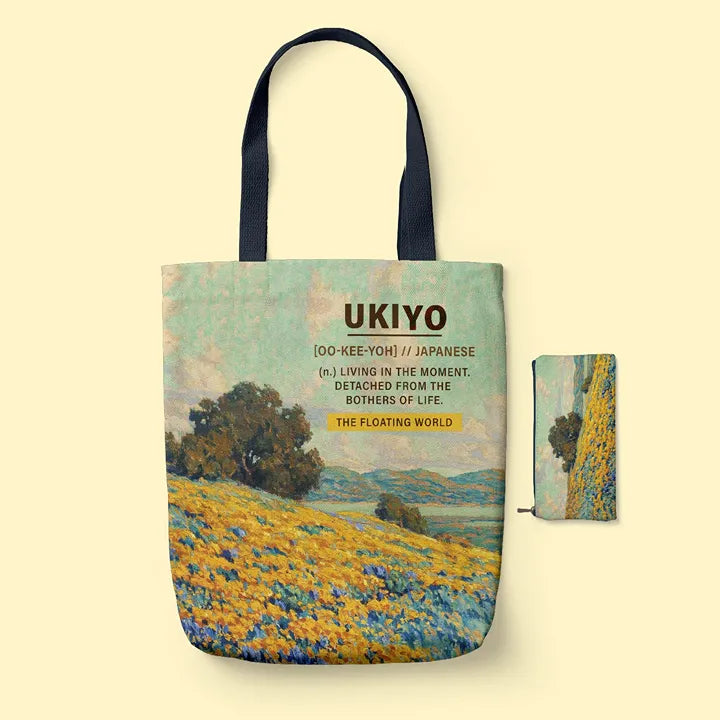 Tote bag with floral design and Ukiyo text on a beige background