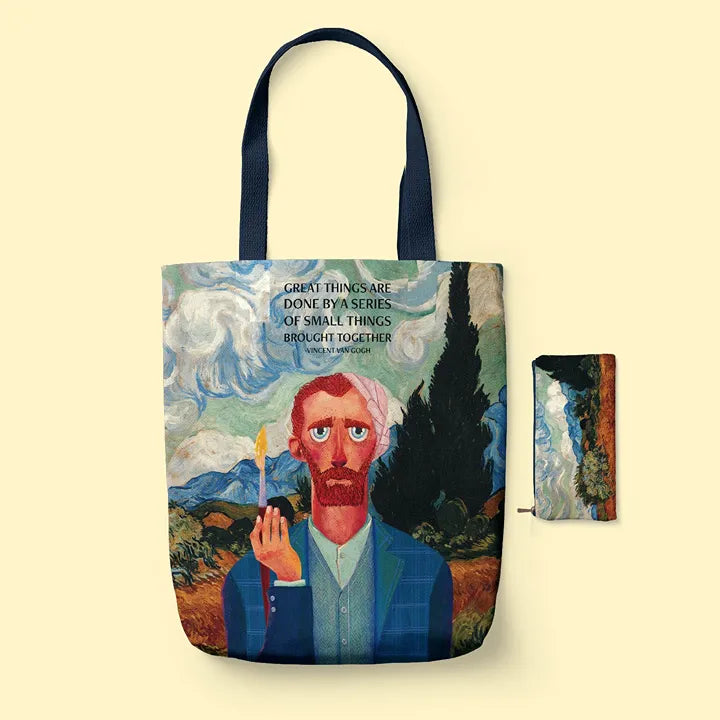 Tote bag with Van Gogh painting design and quote on a beige background