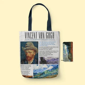 Tote Bag with Van Gogh design featuring a portrait and landscape, on a light yellow background.